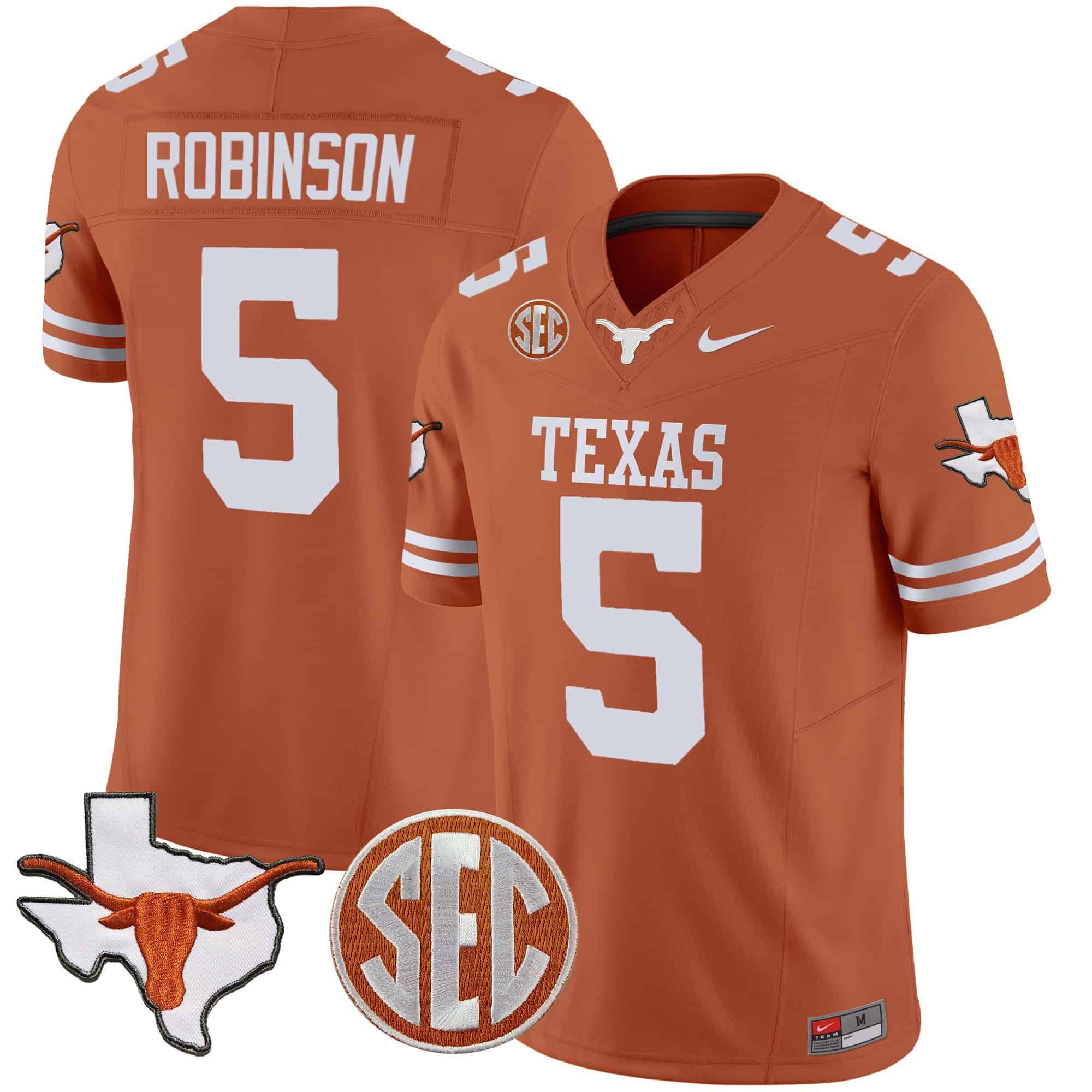 Men Texas Longhorns #5 Robinson Orange 2024 Nike State Map & SEC Patch Vapor NCAA Jersey style 1